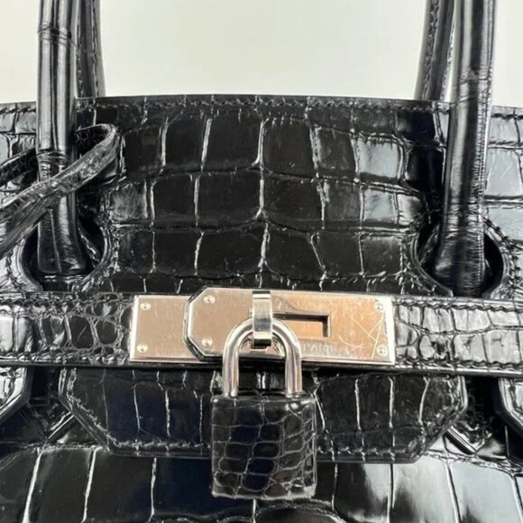 Hermes Shiny Porosus Crocodile Skin Birkin 35 w Palladium HW in Noir or Black - Picture 6 of 13